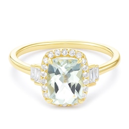 9ct White Gold Green Amethyst & 0.10ct Diamond Cushion Shaped Ring