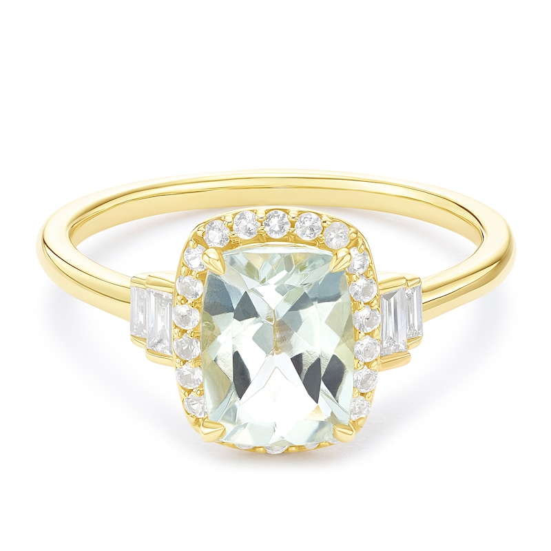 Main Image 1 of 9ct White Gold Green Amethyst & 0.10ct Diamond Cushion Shaped Ring