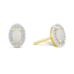 9ct Yellow Gold White Opal & Diamond Oval Stud Earrings