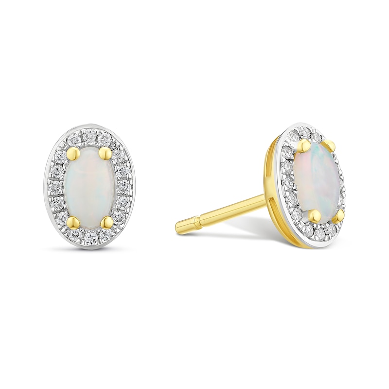 Main Image 1 of 9ct Yellow Gold White Opal & Diamond Oval Stud Earrings