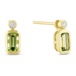 9ct Yellow Gold Green Peridot & Diamond Emerald Shaped Stud Earrings