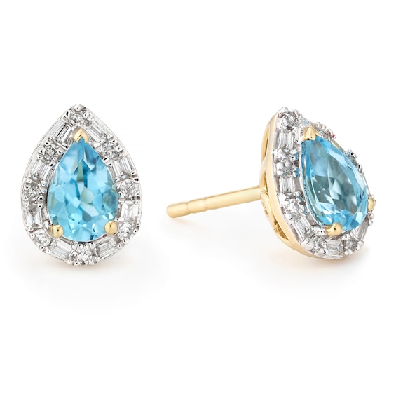 9ct Yellow Gold Swiss Blue Topaz & 0.15ct Diamond Pear Shaped Stud Earrings