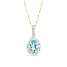 9ct Yellow Gold Swiss Blue Topaz & 0.15ct Diamond Pear Shaped Pendant