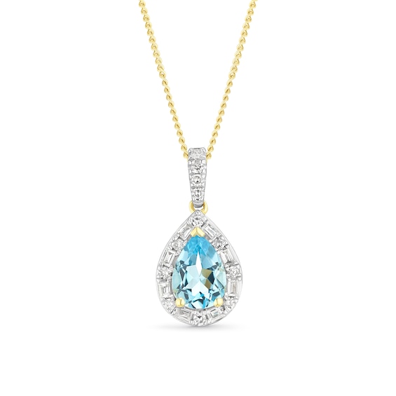 9ct Yellow Gold Swiss Blue Topaz & 0.15ct Diamond Pear Shaped Pendant