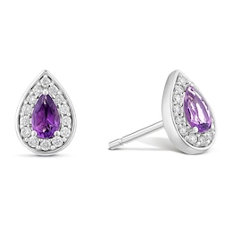 9ct White Gold Purple Amethyst & 0.15ct Diamond Pear Shaped Stud Earrings
