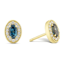 9ct Yellow Gold London Blue Topaz & 0.14ct Diamond Oval Stud Earrings