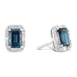 9ct White Gold London Blue Topaz & 0.20ct Diamond Octagon Stud Earrings