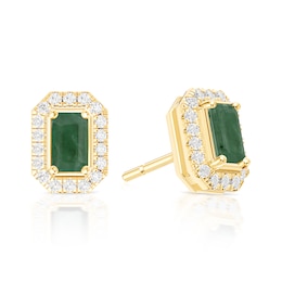 9ct Yellow Gold Green Emerald & 0.17ct Diamond Octagon Stud Earrings