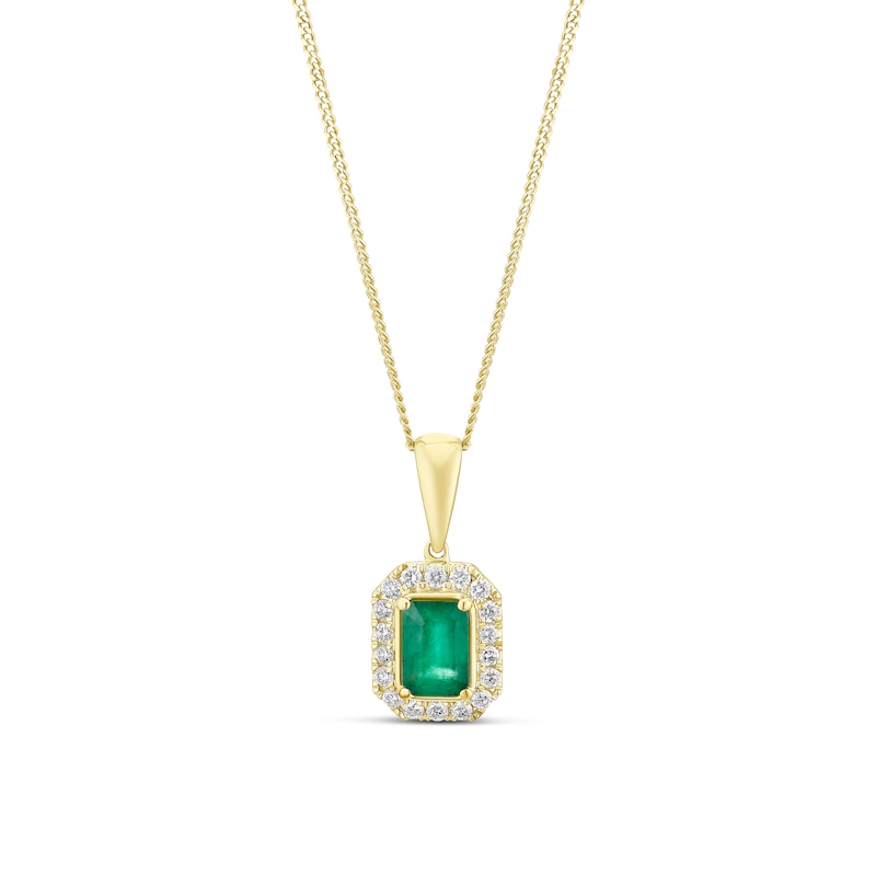 Main Image 1 of 9ct Yellow Gold Emerald & 0.15ct Diamond Octagon Pendant