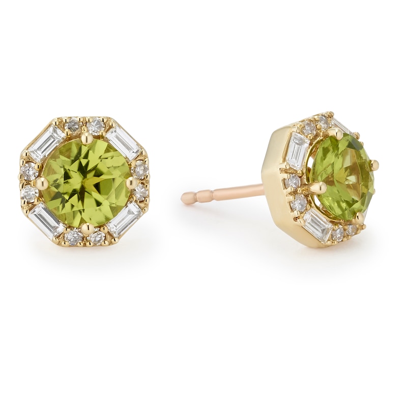 Main Image 1 of 9ct Yellow Gold Green Peridot & 0.20ct Diamond Round Stud Earrings