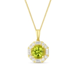 9ct Yellow Gold Green Peridot & 0.20ct Diamond Round Pendant