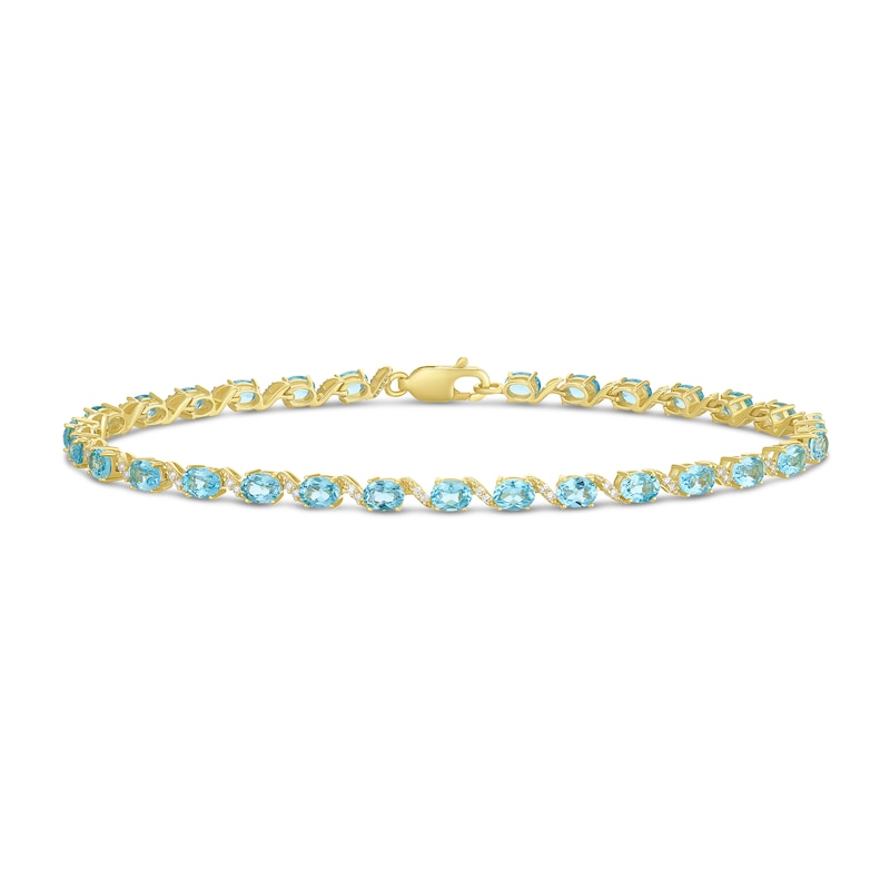 Main Image 1 of 9ct Yellow Gold Swiss Blue Topaz & 0.15ct Diamond Oval Tennis Bracelet