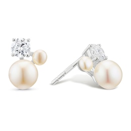 Sterling Silver Cultured Freshwater Pearl Cubic Zirconia Trilogy Stud Earrings