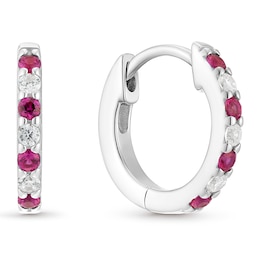 Sterling Silver Cubic Zirconia & Created Ruby Huggie Hoop Earrings