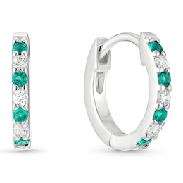 Sterling Silver Cubic Zirconia & Created Emerald Huggie Hoop Earrings