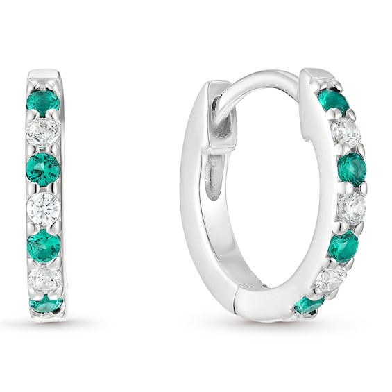 Sterling Silver Cubic Zirconia & Created Emerald Huggie Hoop Earrings