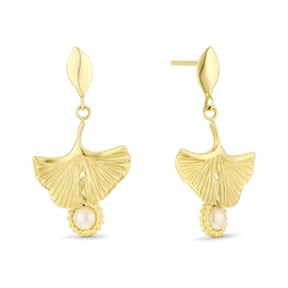 9ct Yellow Gold Cultured Freshwater  Pearl Deco Leaf Drop Earrings