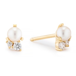 9ct Yellow Gold Cubic Zirconia Cultured Freshwater Pearl Cluster Stud Earrings