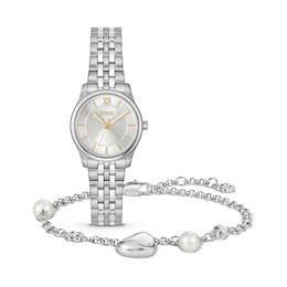 BOSS Graceful Mina Women's 25mm Silver White Dial Stainless Steel Watch & Amara Bracelet Gift Set
