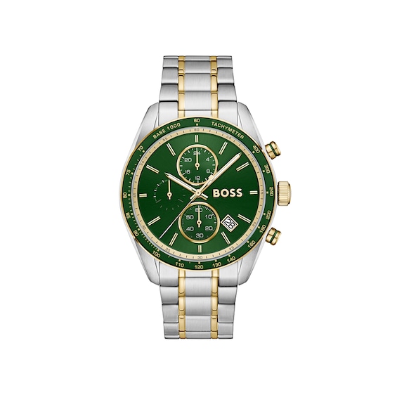 Men's Boss Grand Prix Vitesse 44.5Mm Green Dial Two Tone Stainless Steel And Gold Ip Bracelet Watch