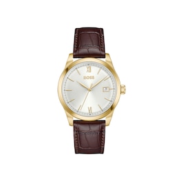 BOSS Langford Men's 39mm Silver White Dial Light Yellow Gold Case Brown Leather Strap Watch