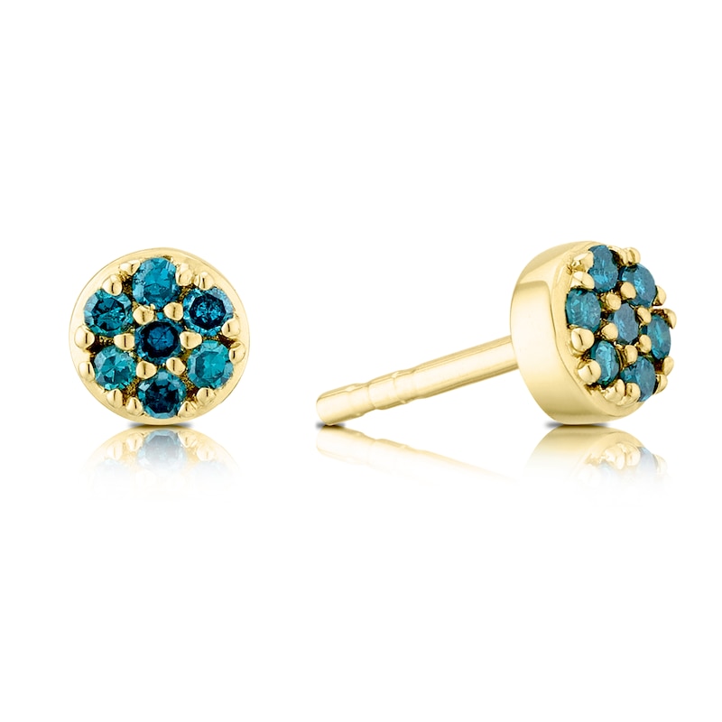 Main Image 1 of 9ct Yellow Gold Treated Blue Diamond Round Stud Earrings