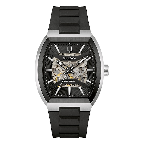 Men's Bulova Maquina 40Mm Black And Silver-Tone Stainless Steel Rubber Strap Automatic Watch