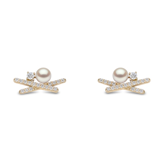 Yoko London 18ct Yellow Gold Pearl and 0.24ct Diamond Cross Earrings