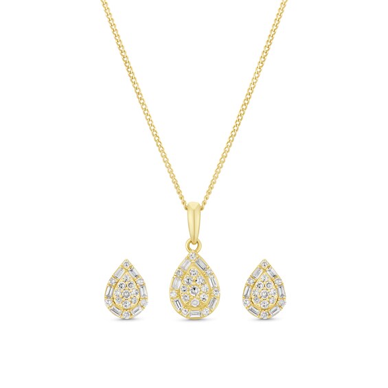 9ct Yellow Gold 0.40ct Diamond Pear Shaped Necklace & Earrings Gift Set