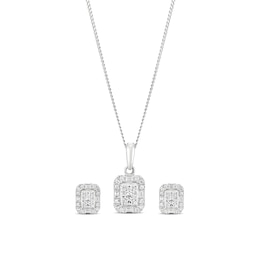 9ct White Gold 0.40ct Diamond Elongated Cushion Necklace & Earrings Gift Set