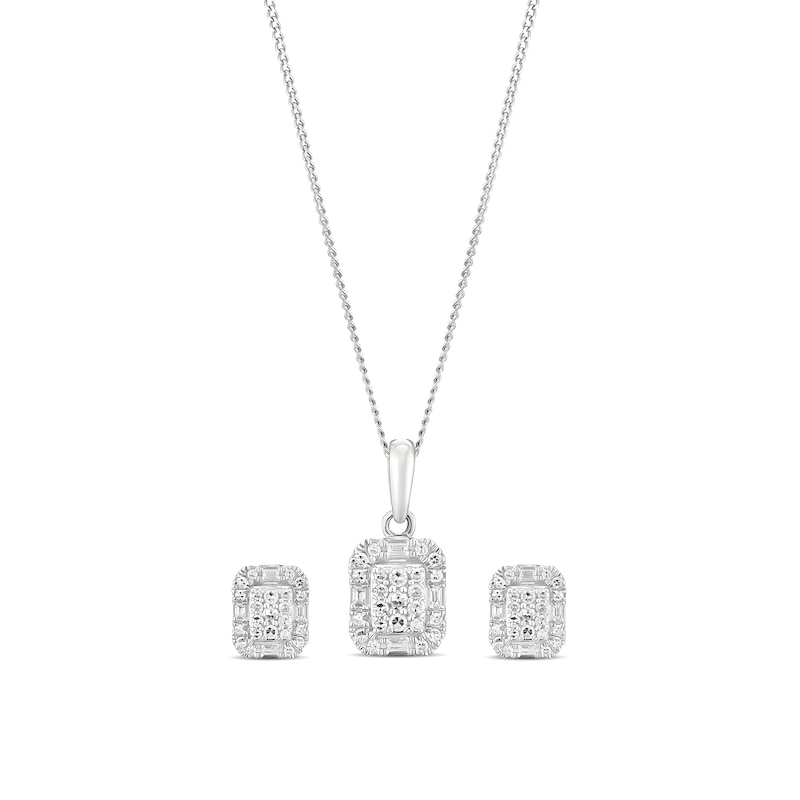 Main Image 1 of 9ct White Gold 0.40ct Diamond Elongated Cushion Necklace & Earrings Gift Set