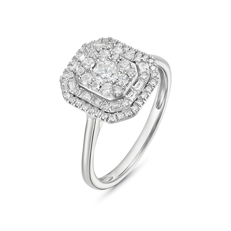 Engagement Ring 9ct White Gold Round & Baguette Cut Cluster 0.50ct Diamond Ring, view 2