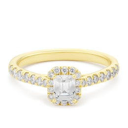 Engagement Ring Origin 18ct Yellow Gold Round & Emerald Cut Certified Halo 0.66ct Diamond Ring
