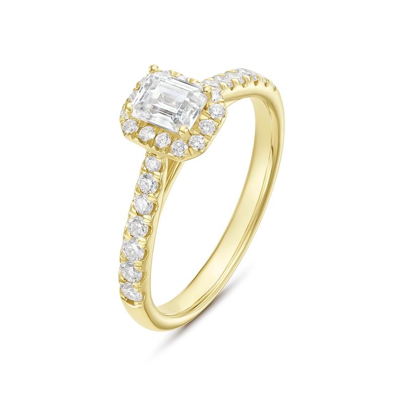 Engagement Ring Origin 18ct Yellow Gold Round & Emerald Cut Certified Halo 0.66ct Diamond Ring, view 2