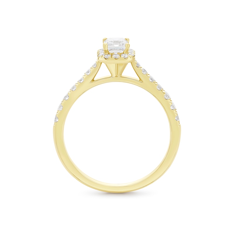 Engagement Ring Origin 18ct Yellow Gold Round & Emerald Cut Certified Halo 0.66ct Diamond Ring, view 3