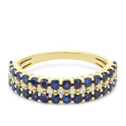 9ct Yellow Gold Sapphire & 0.10ct Diamond Three Row Ring