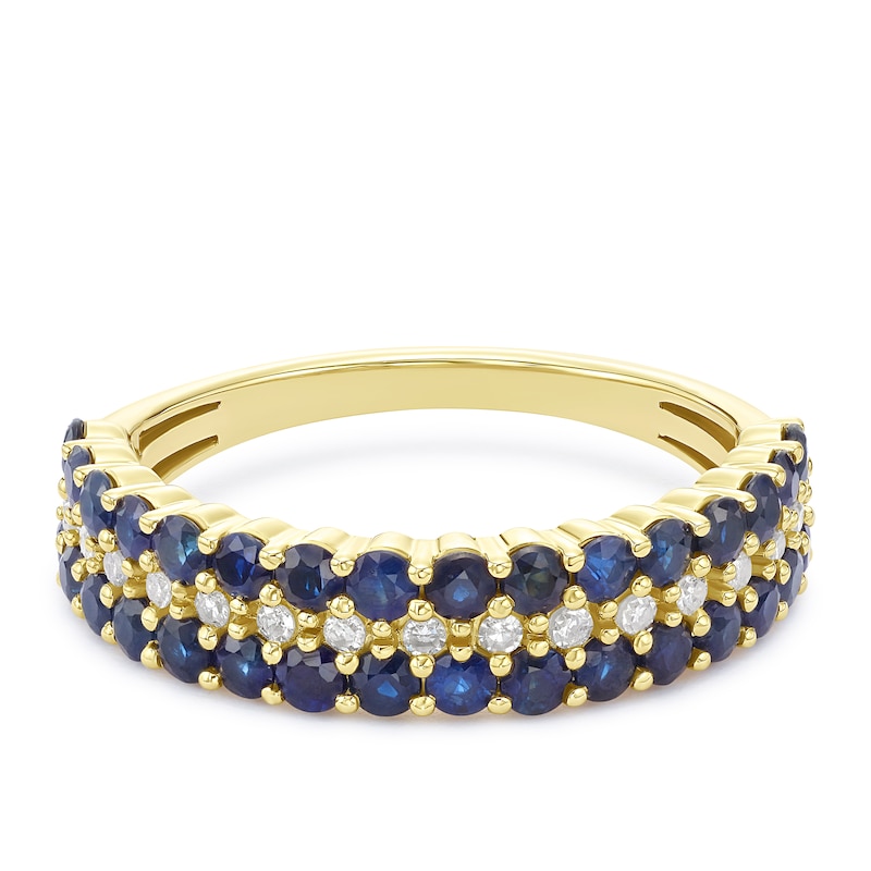 Main Image 1 of 9ct Yellow Gold Sapphire & 0.10ct Diamond Three Row Ring