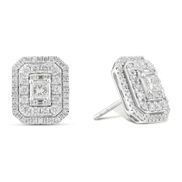 9ct White Gold 1ct Diamond Emerald Cut Double Halo Earrings