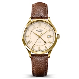 Rotary Heritage GMT 38mm Champagne Dial Gold Tone Brown Leather Strap Watch