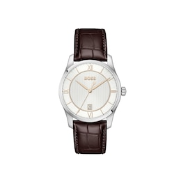 BOSS Principle Prestige Silver White Dial Brown Leather Strap Watch