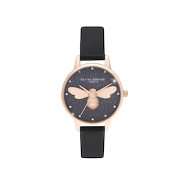 Olivia Burton 30mm Black Glitter Dial Black Leather Strap Watch