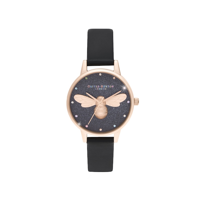 Main Image 1 of Olivia Burton 30mm Black Glitter Dial Black Leather Strap Watch