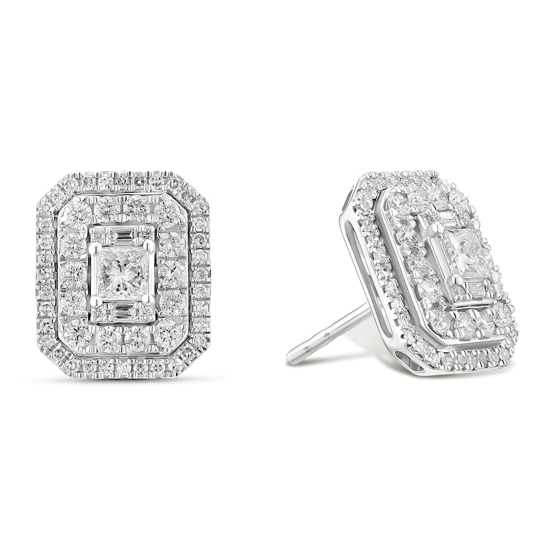 Main Image 1 of 9ct White Gold 1ct Diamond Emerald Cut Double Halo Earrings
