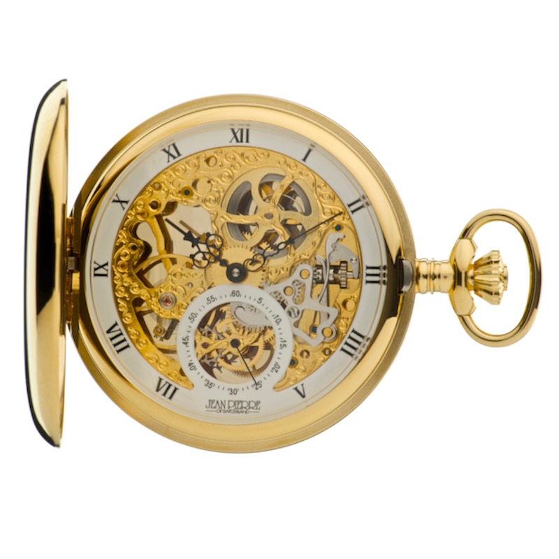 Jean Pierre Men's Gold-Plated Skeleton Pocket Watch