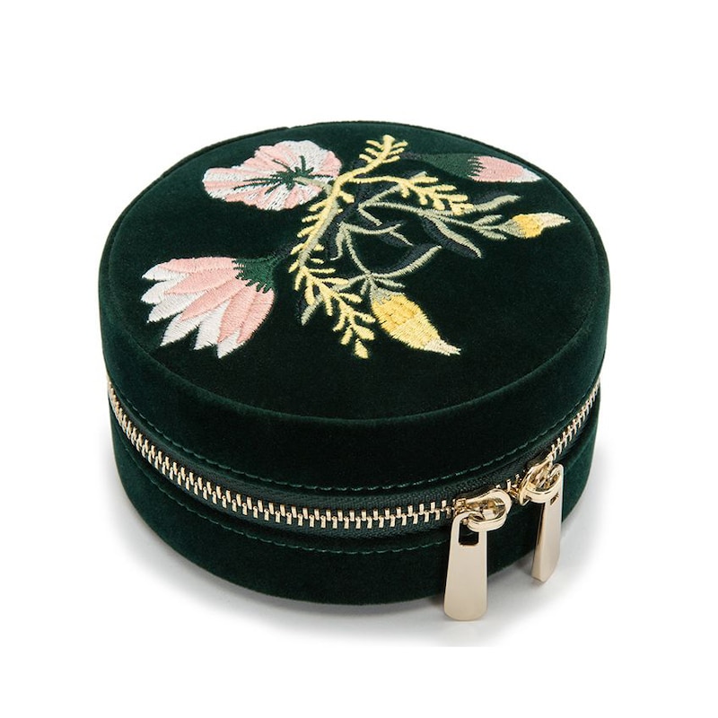 WOLF Zoe Forest Green Velvet Round Zip Jewellery Travel Case