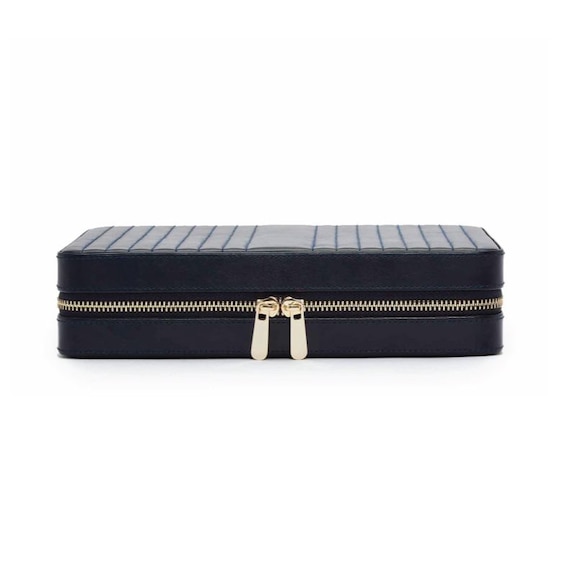 WOLF Maria Navy Leather Large Zip Jewellery Case