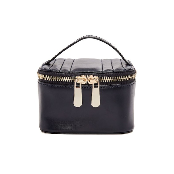WOLF Maria Navy Leather Small Zip Jewellery Cube Case