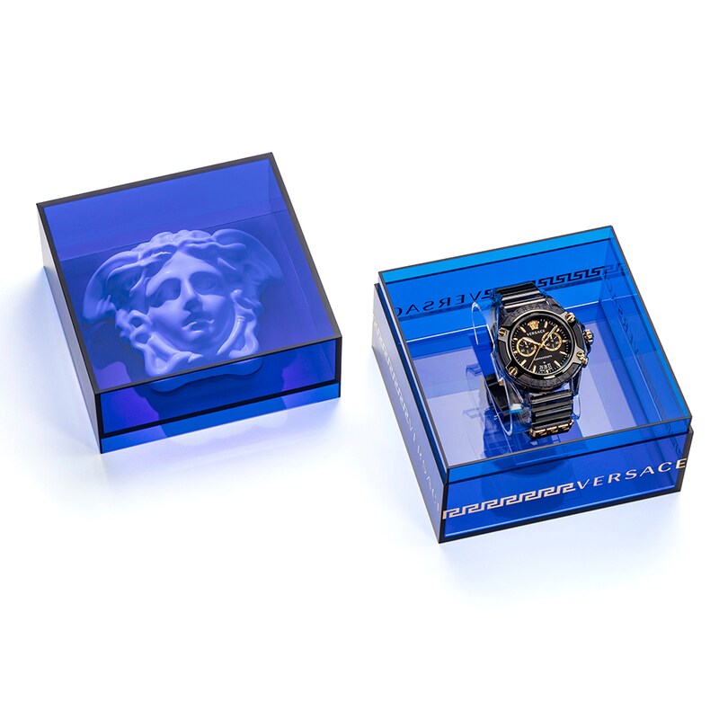 Versace Greca Logo Chronograph Black Plastic Strap Watch