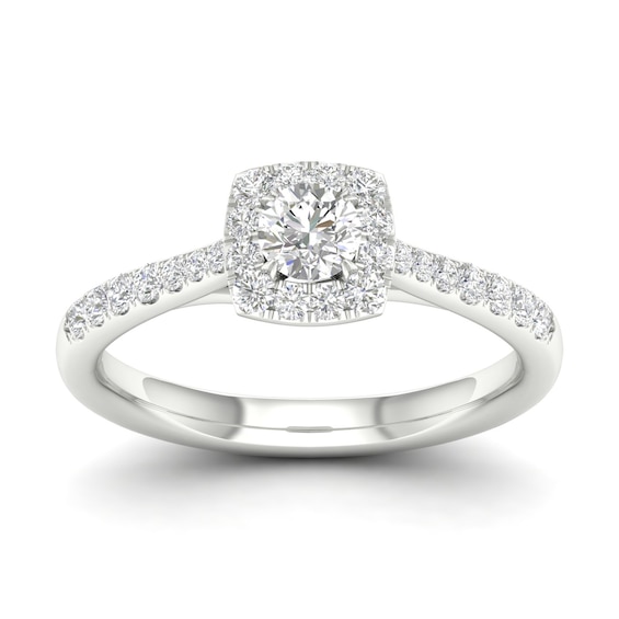Engagement Ring 18ct White Gold and Platinum Cushion Halo 0.50ct Diamond Ring