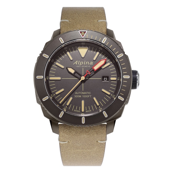 Men's Alpina Seastrong Diver 300 Brown Leather Strap Watch